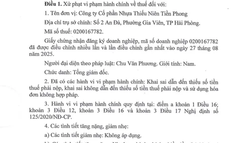 Nhựa Tiền Phong bị truy thu, xử phạt hơn 10 tỉ đồng