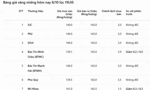 Giá vàng ngày 8/10 tại các công ty vàng bạc đá quý trong nước